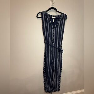 Striped Navy Button-Front Jumpsuit with Tie Belt